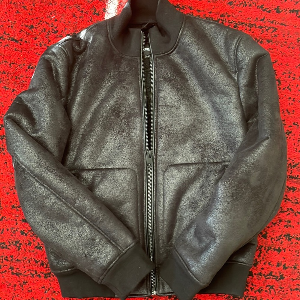 Men’s Black Faux Leather Sherpa Lined Bomber Jacket/ Express/ Small